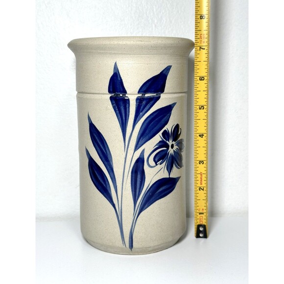 Williamsburg Pottery Vintage 1996 WPF Vase Utensil Holder Blue Flower VA Factory - Picture 6 of 8